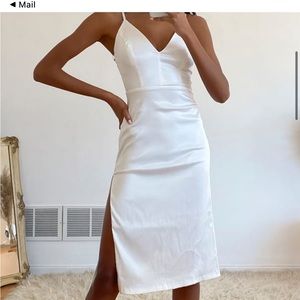 Lulus Stunning Sight White Embroidered Lace Satin Midi Dress!